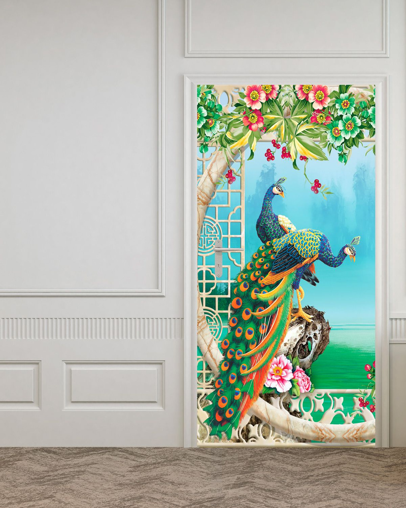 Фотообои на двери HARMONY Decor HDD-174 Влюбленные павлины в цветах, 97 х 202 см, самоклеющиеся  #1