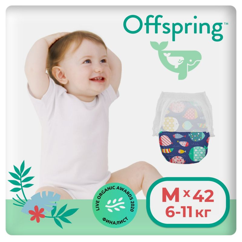 Трусики-подгузники Offspring расцветка Рыбки M (6-11 кг) 42 шт #1