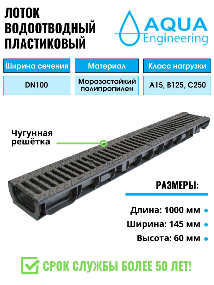 Лоток водоотводный пластиковый, дренажный, с чугунной решёткой, 1000x145x60 мм.  #1