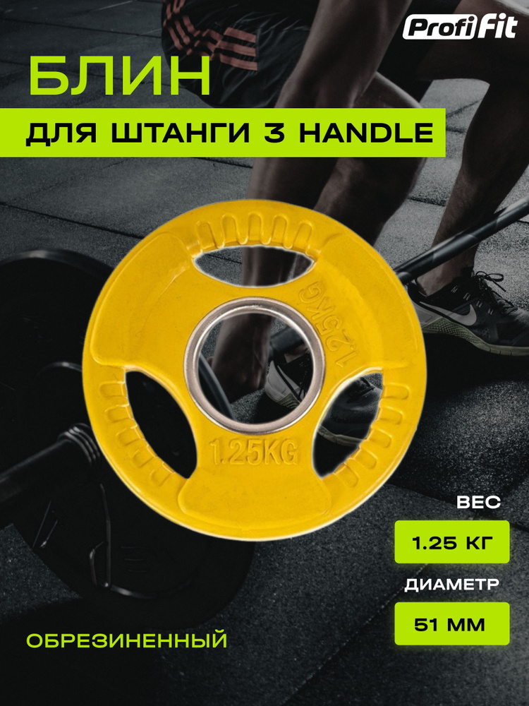 Диск (блин) для штанги обрезиненный PROFI-FIT, цветной 3 HANDLE D-51, 1,25 кг  #1