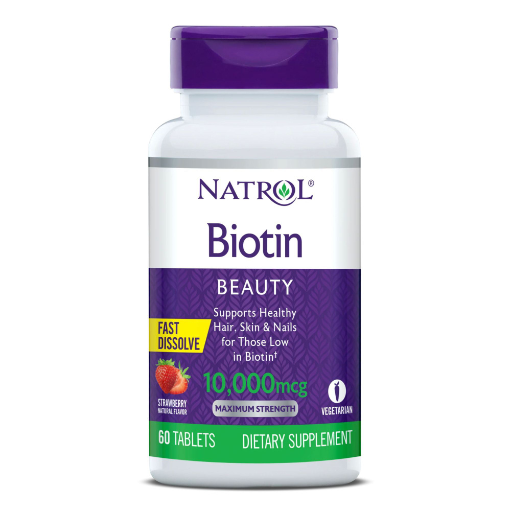 Витамины, биотин 10000, биотин для волос, для ногтей, Natrol Biotin 10000 mcg Fast Dissolve 60 таб  #1