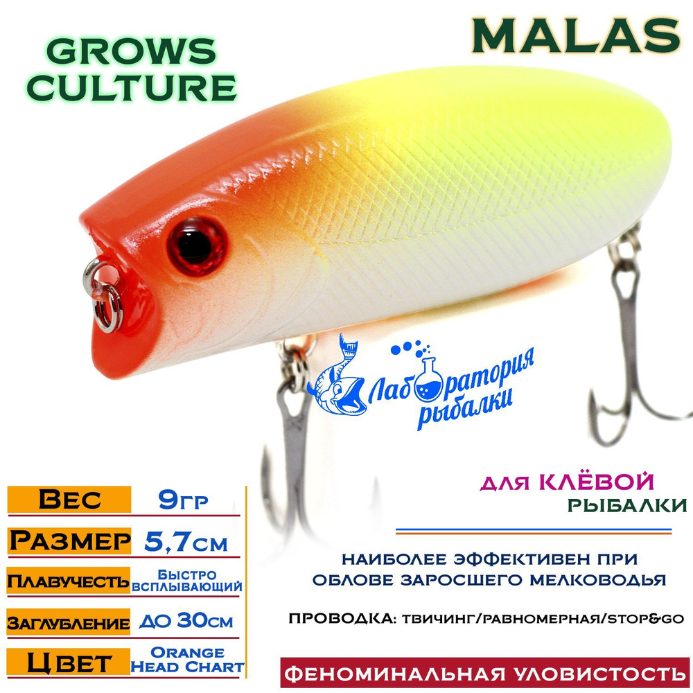 Воблер поверхностный Malas Grows Culture / длина 57 мм , вес 9 гр , цвет 37 Orange Head Chart , заглубление #1