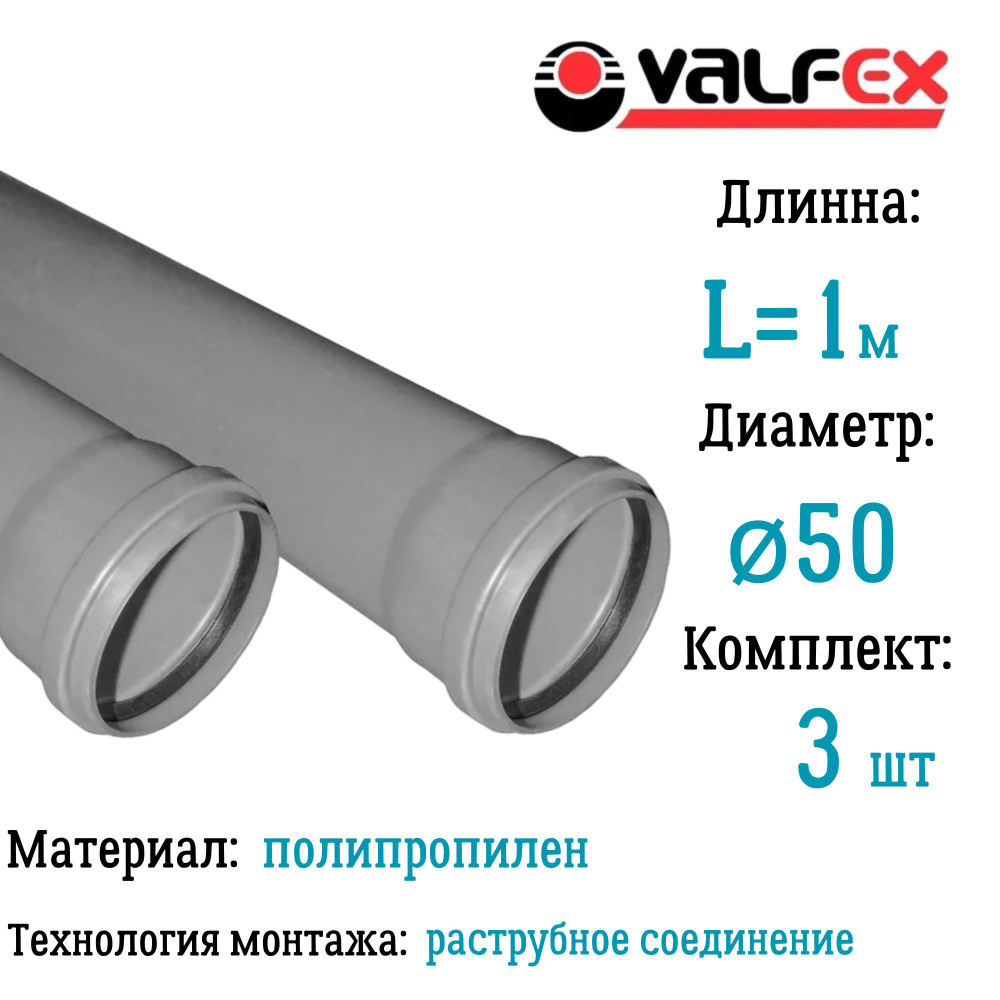 Труба BASE для внутренней канализации VALFEX Ф50 длина 1 м (комплект 3 шт)  #1