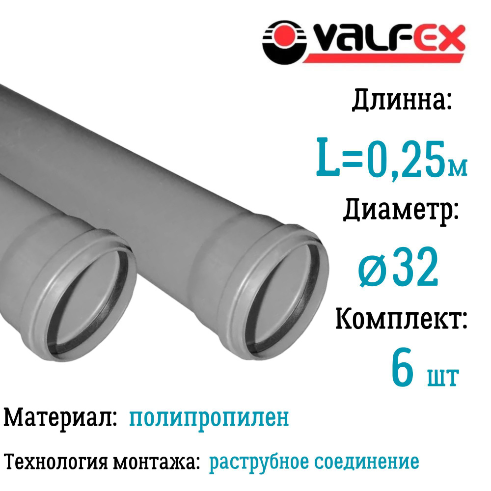 Труба BASE для внутренней канализации VALFEX Ф32 длина 0,25 м (комплект 6 шт)  #1