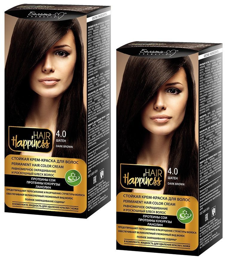 Белита-М Крем-краска для волос HAIR HAPPINESS стойкая, 2 шт, тон № 4.0 ШАТЕН  #1