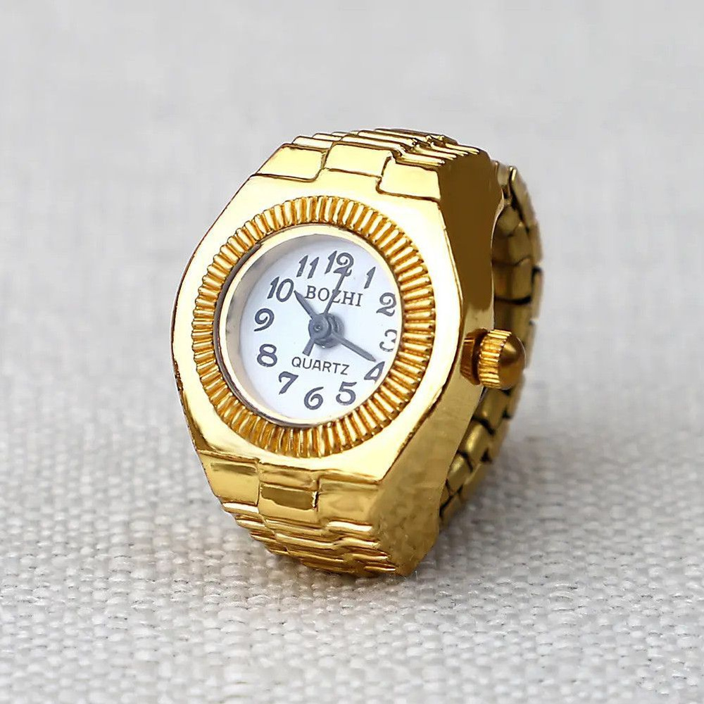 Круглые часы на палец (часы-кольцо), золотистые с белым циферблатом  #1