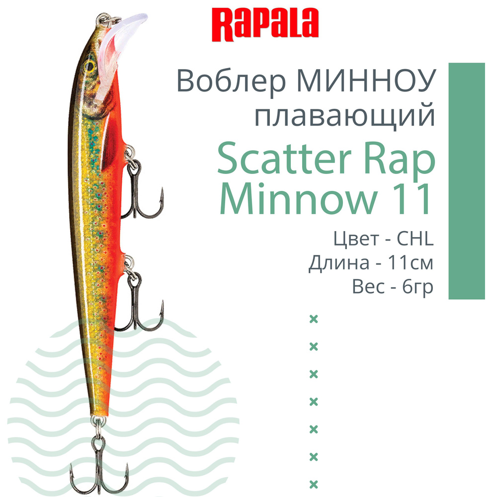 Воблер для рыбалки RAPALA Scatter Rap Minnow 11, 11см, 6гр, цвет CHL, плавающий  #1