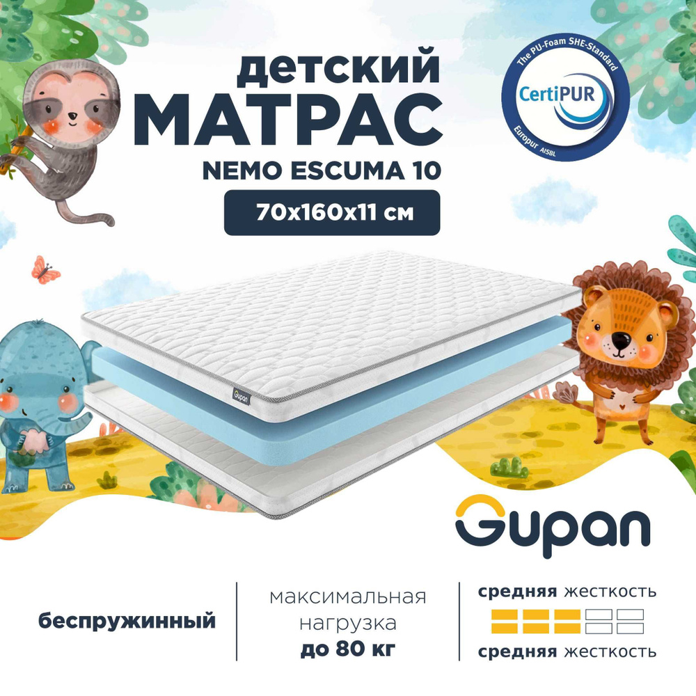 Gupan Матрас в кроватку Gupan Nemo Escuma 10, Беспружинный, 70х160 см #1