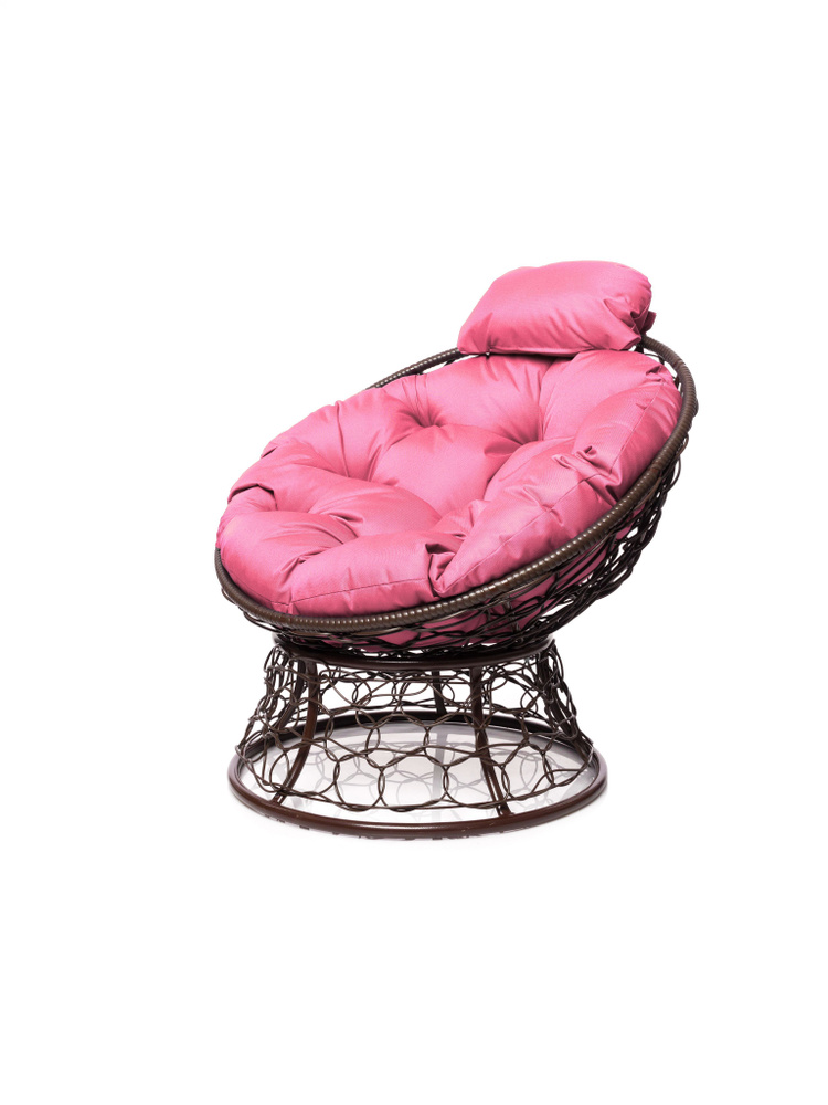 Кресло ПАПАСАН мини с ротангом коричневое, розовая подушка  #1