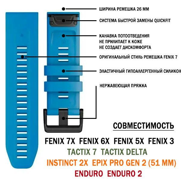 Ремешок силиконовый 26 мм для Garmin Fenix 7x / 6x / 5x, Tactix, Enduro 2, Instinct 2x, epix Pro Gen #1