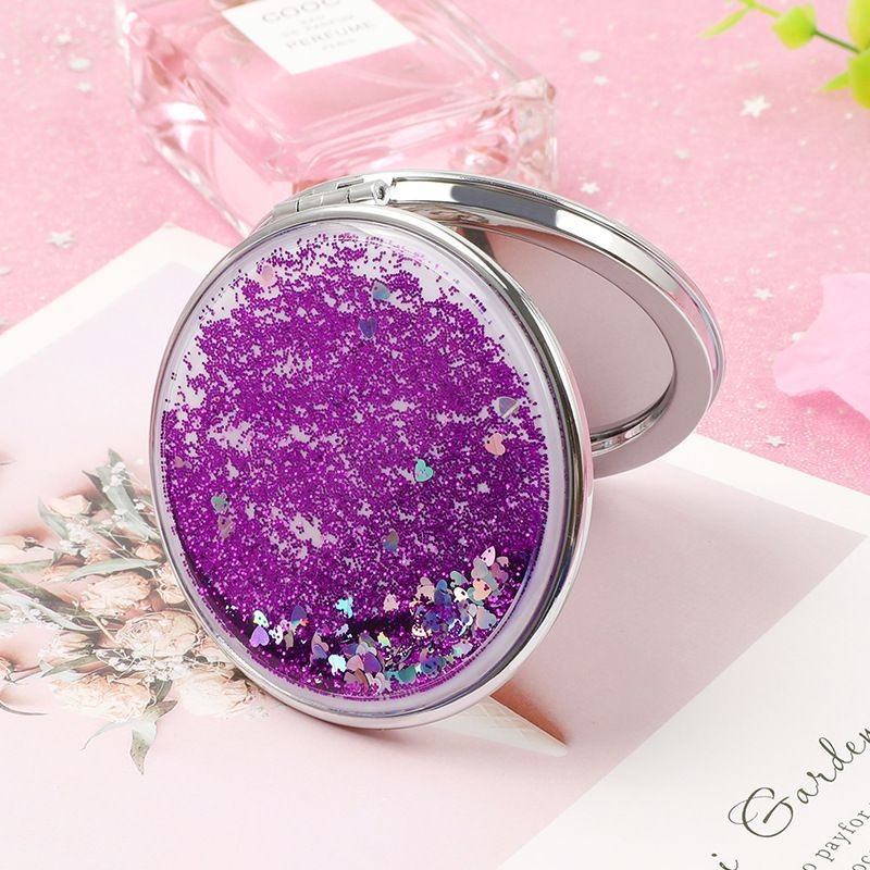 Зеркальце карманное круглое складное с фиолетовыми блёстками  #1