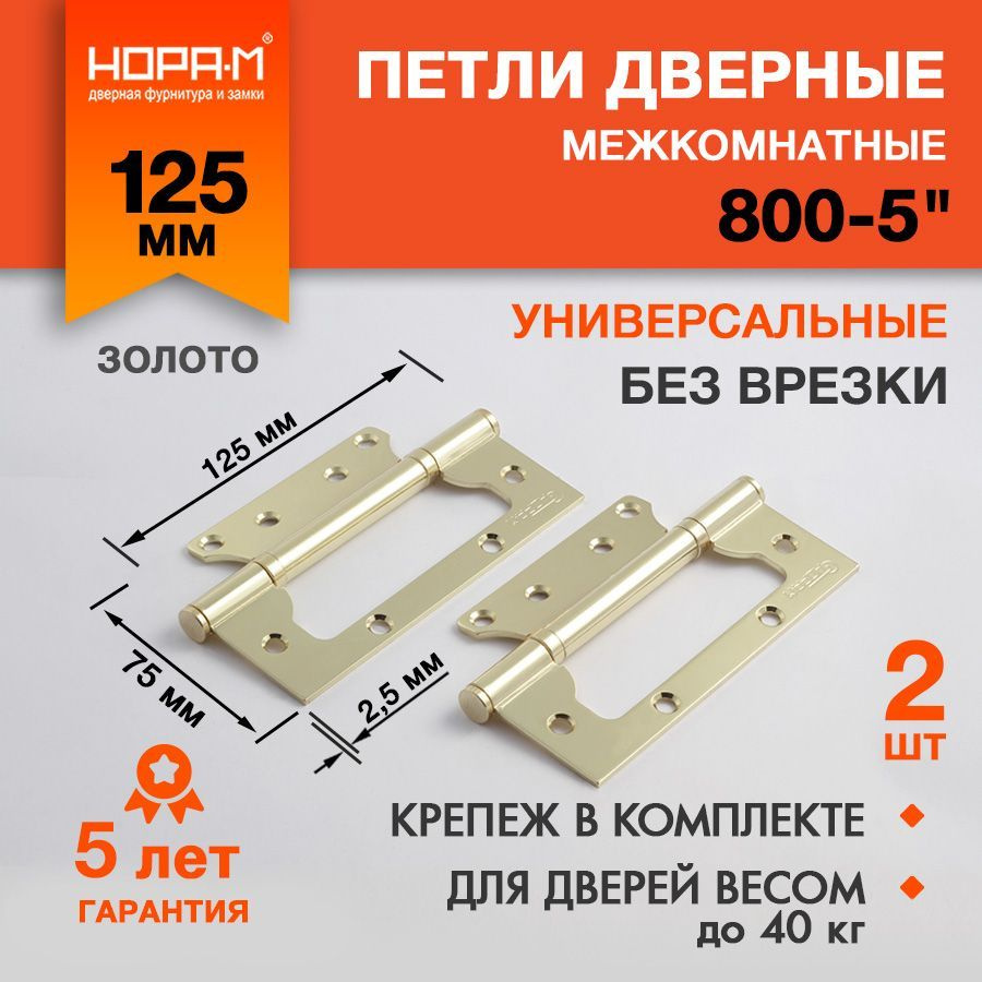 Петли дверные 2 шт. Нора-М 800-5", накладная, универсальная, 125х75х2,5 мм, латунь  #1