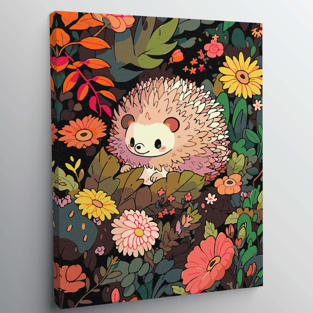 Картина по номерам, холст на подрамнике - Ёжик среди цветов - Животные 30х40 см.  #1