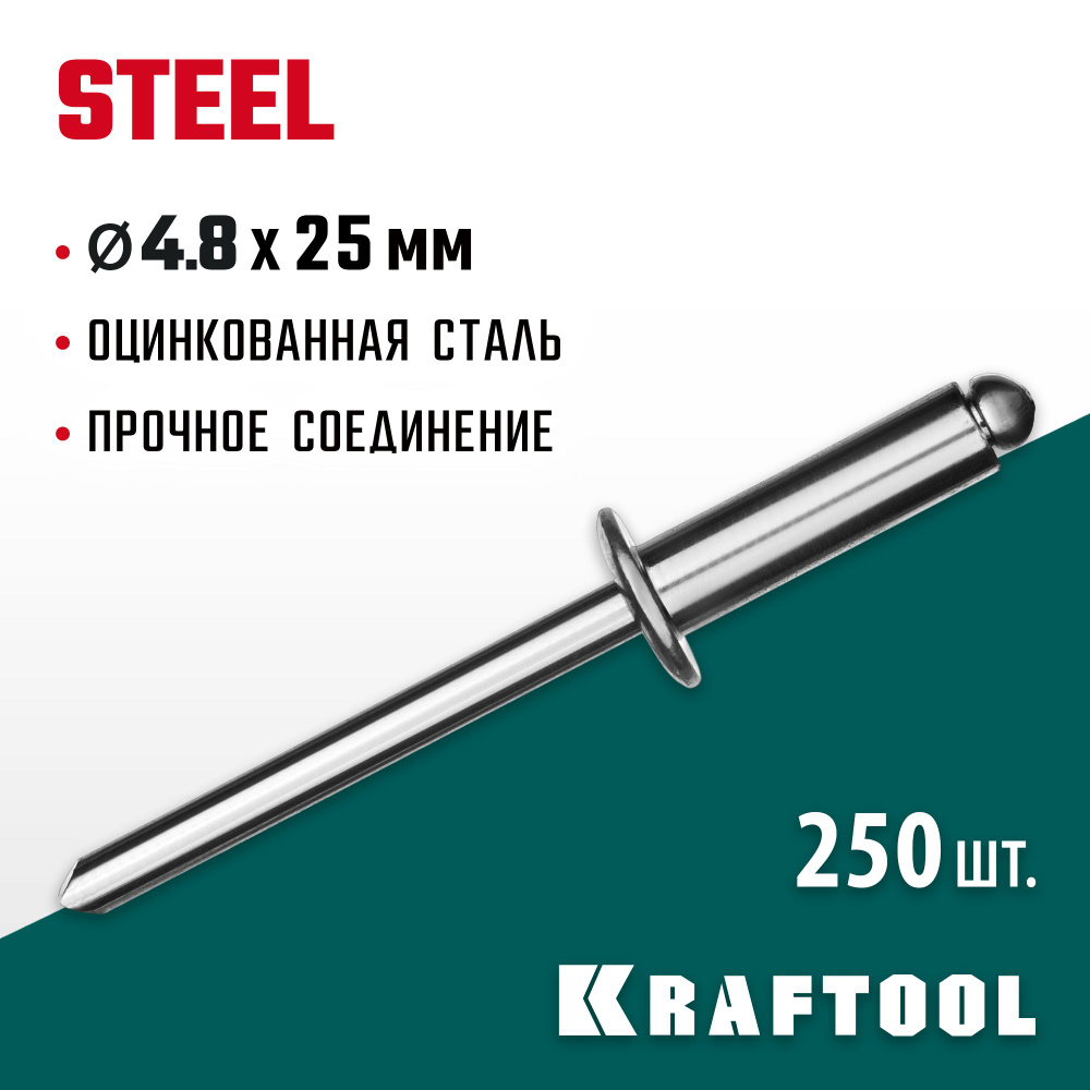 Заклепки KRAFTOOL 4.8 х 25 мм, 250 шт., стальные Steel 311703-48-25 #1