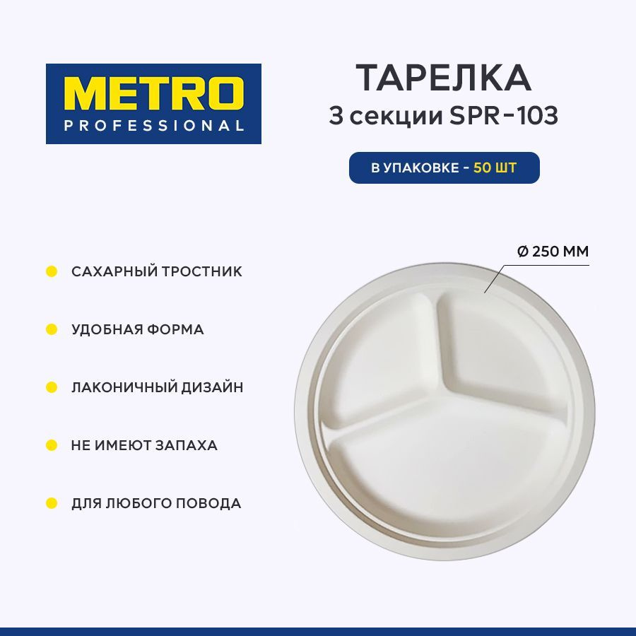 Тарелка круглая 3 секции Metro Professional SPR-103, сахарный тростник, 25 см, 50 шт.  #1