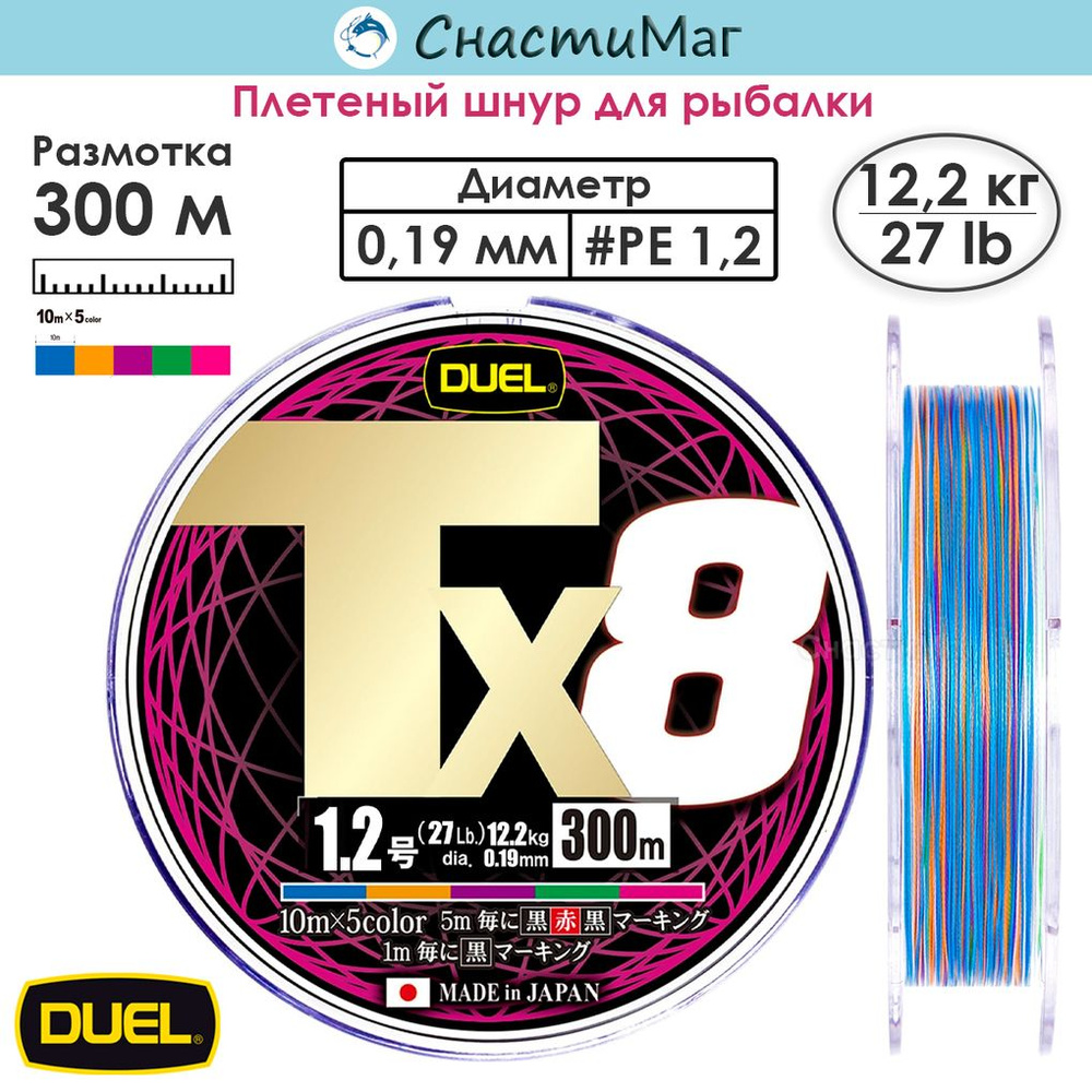 Плетеный шнур Duel PE Tx8 300м 5Color #1,2 (0,19мм) 12,2кг #1