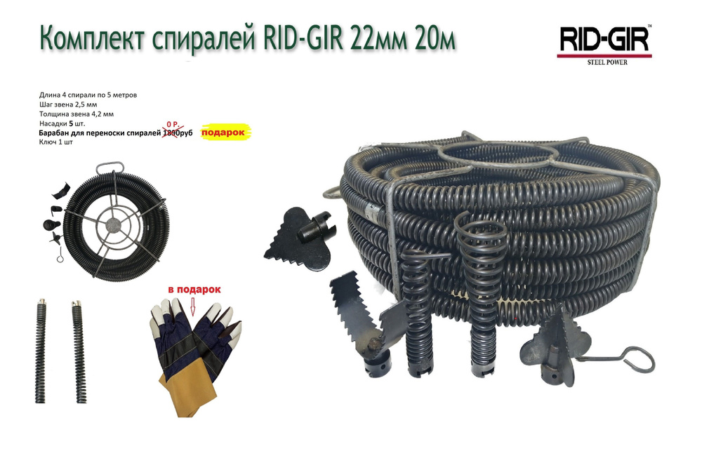 Спираль прочистная RID-GIR 22мм 20м комплект / Трос сантехнический для прочистки канализации.  #1