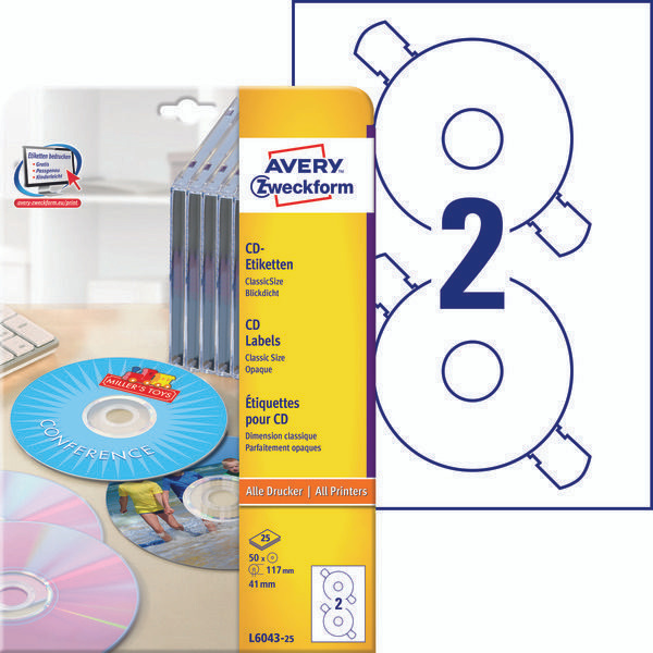 Этикетки Avery Zweckform L6043-25 для CD (глянцевые, белые, 117 мм, 50 шт, 25 листов, классический размер) #1