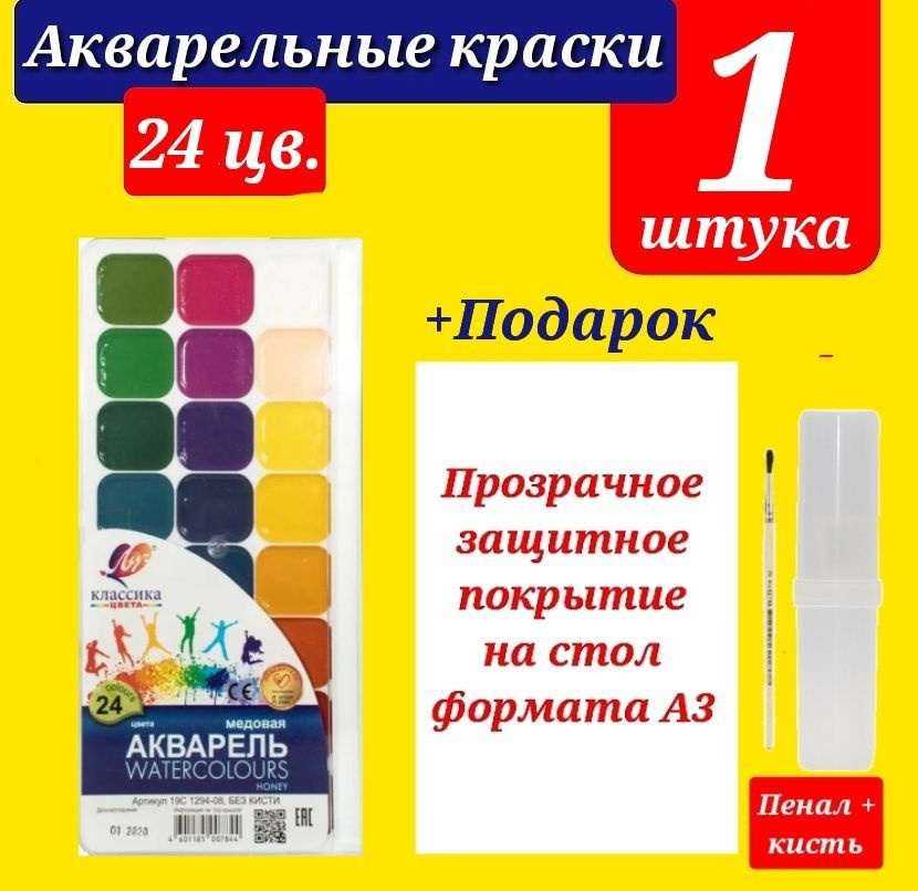 Краски акварельные КЛАССИКА 24 цветов в пластиковой упаковке + ПОДАРОК набор для рисования (клеенка для #1