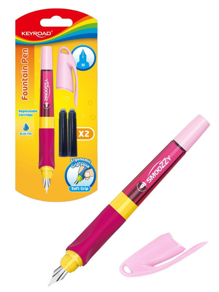 Ручка перьевая KEYROAD Smoozzeс, М, углубления для пальцев, 2 запасных картриджа, корпус розовый, блистере #1