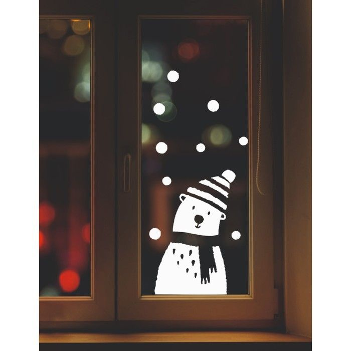 House Interio, Наклейка декоративная для окон "Медведь в шапке" 35х54 см (снег 10х20 см)  #1