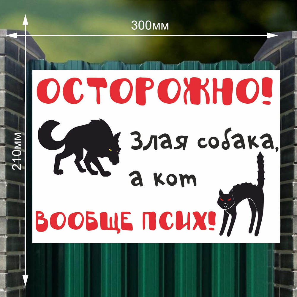 Табличка "Осторожно злая собака, а кот вообще псих", 30х21 см.  #1