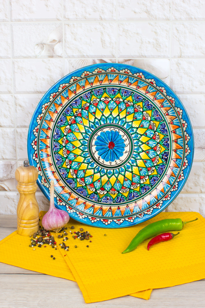 Ляган Узбекский Риштанская Керамика Голубой 42 см, блюдо сервировочное тарелка для плова  #1