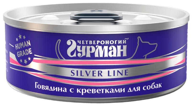 Корм Четвероногий гурман Silver Line (в желе) для собак, с говядиной и креветками, 100 г x 24 шт  #1