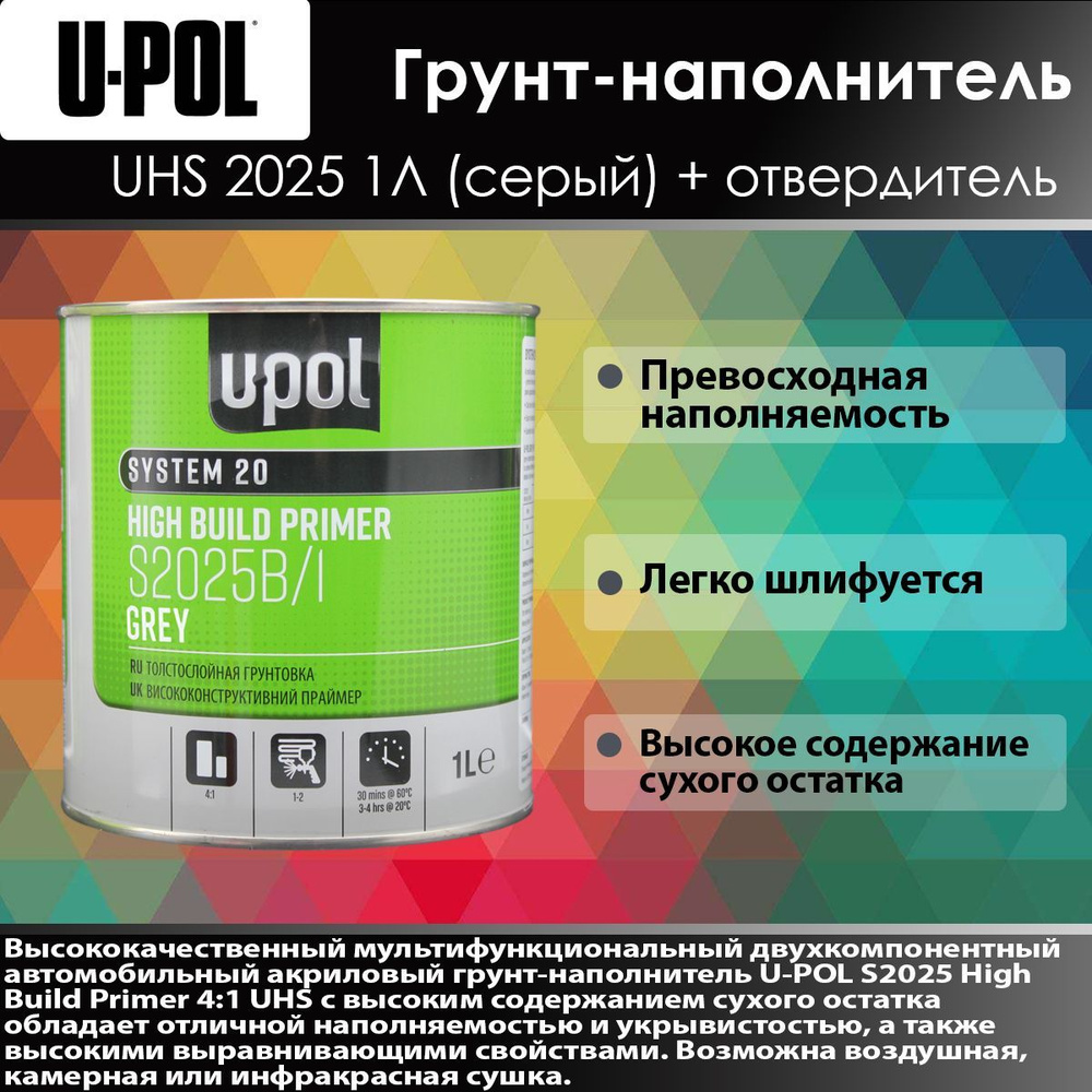 U-Pol S2025 Грунт-наполнитель Серый 1л + Отвердитель 0.25л. Автогрунтовка.  #1