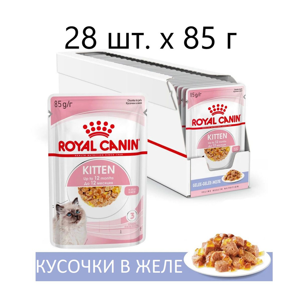 Влажный корм для котят Royal Canin Kitten, 28 шт. х 85 г (кусочки в желе)  #1