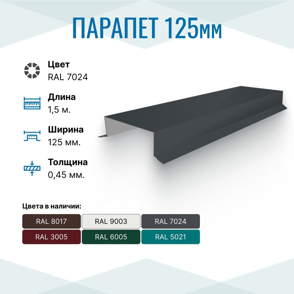 Парапет металлический прямой 125х30, длина 1.5м, RAL 7024, 10 шт. в упаковке  #1