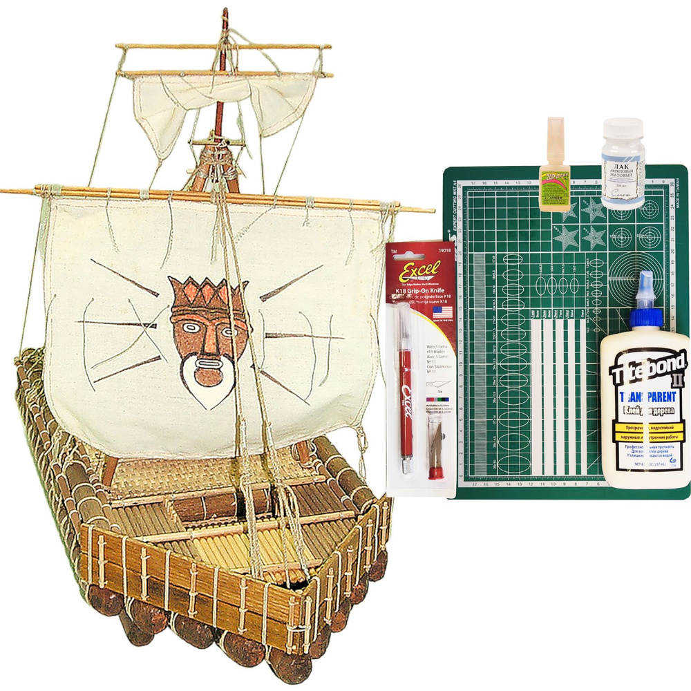 Плот Kon-Tiki (Кон-Тики), Тур Хейердал 1947 год, 590 мм, М.1:18, подарочный  набор, сборная модель парусного корабля из дерева плюс инструменты, лак и  клеи от Mantua (Италия) - купить с доставкой по выгодным