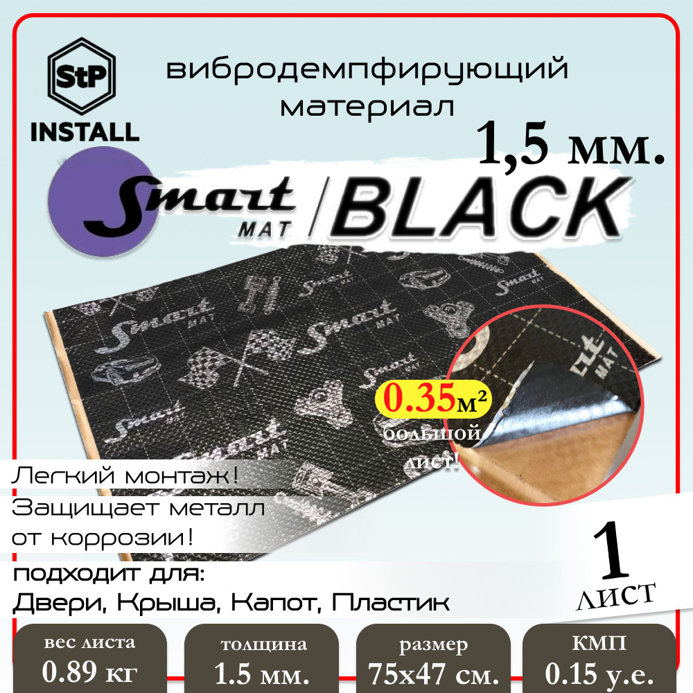 Вибродемпфирующий материал Smartmat Black 15 (0,75х0,47 м) 1 лист / 0,35 м.кв.  #1