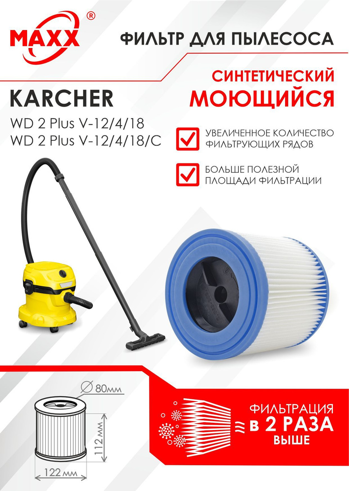 Патронный фильтр синтетический, моющийся для пылесоса Karcher WD 2 Plus V-12/4/18  #1