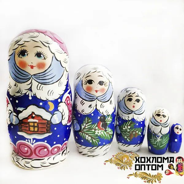 Матрешка новогодняя "Снегурочка" 5 кукольная, Хохлома #1