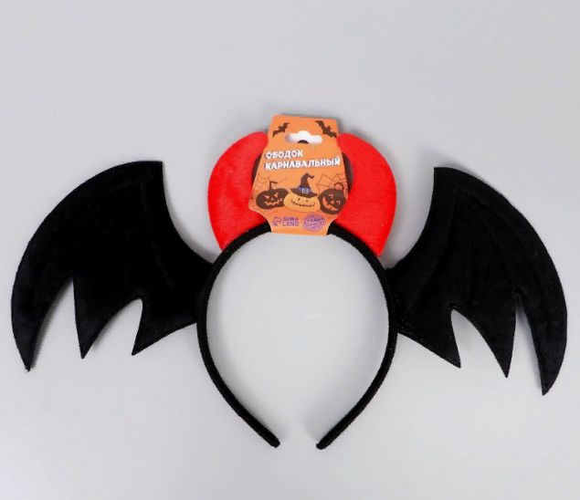 Ободок на Halloween карнавальный Летучая мышь с красными рожками  #1