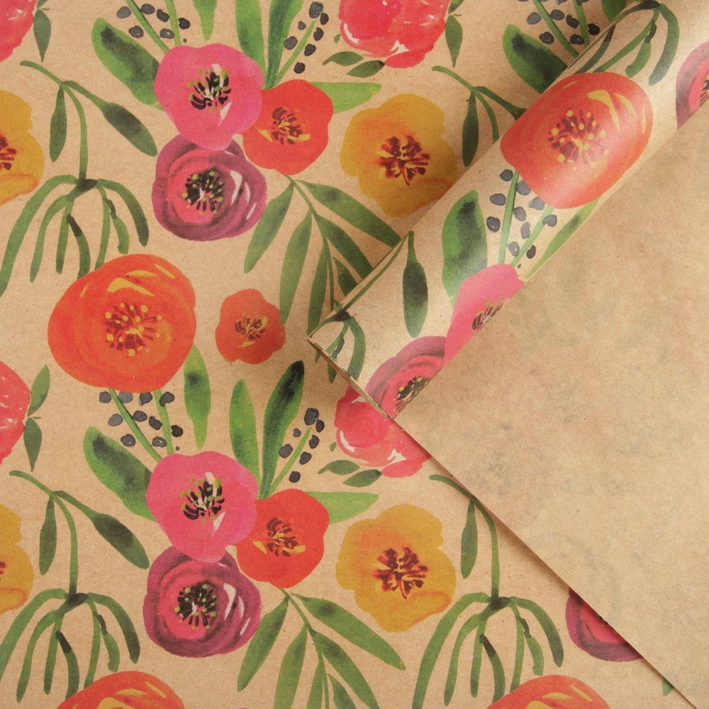 Бумага упаковочная крафтовая "Акварельные цветы", 70 х 100 см, 2 листа.  #1