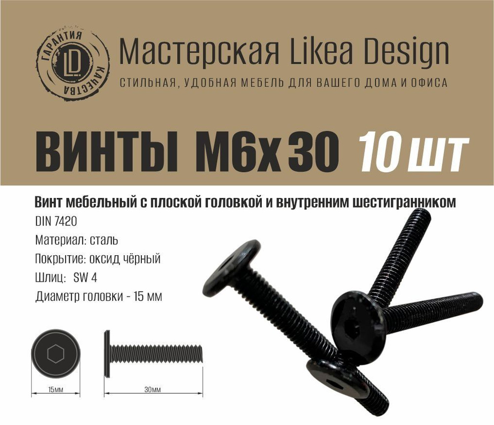 Винт M6 x 30 мм, головка: Плоская, 10 шт. 78 г #1