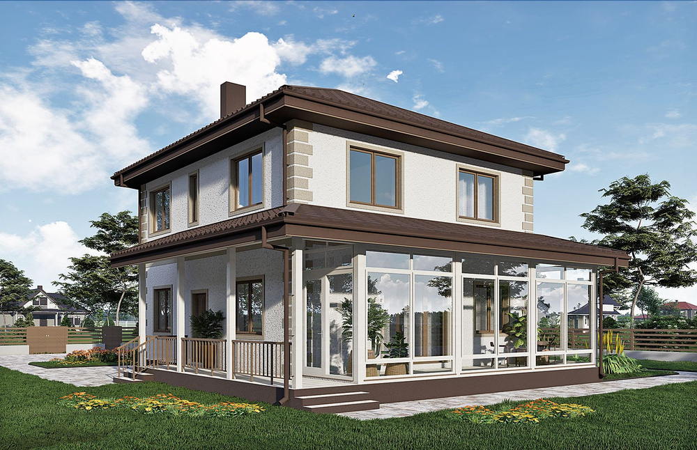 Проект Rg6209 - Двухэтажный дом с остекленной верандой, кабинетом и сауной (152 м2, 14м x11м)  #1