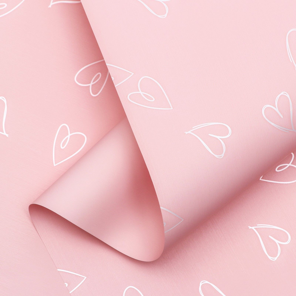 Пленка матовая для упаковки цветов, подарков "Сердечки" 57 см х 10 м розовая с белым  #1