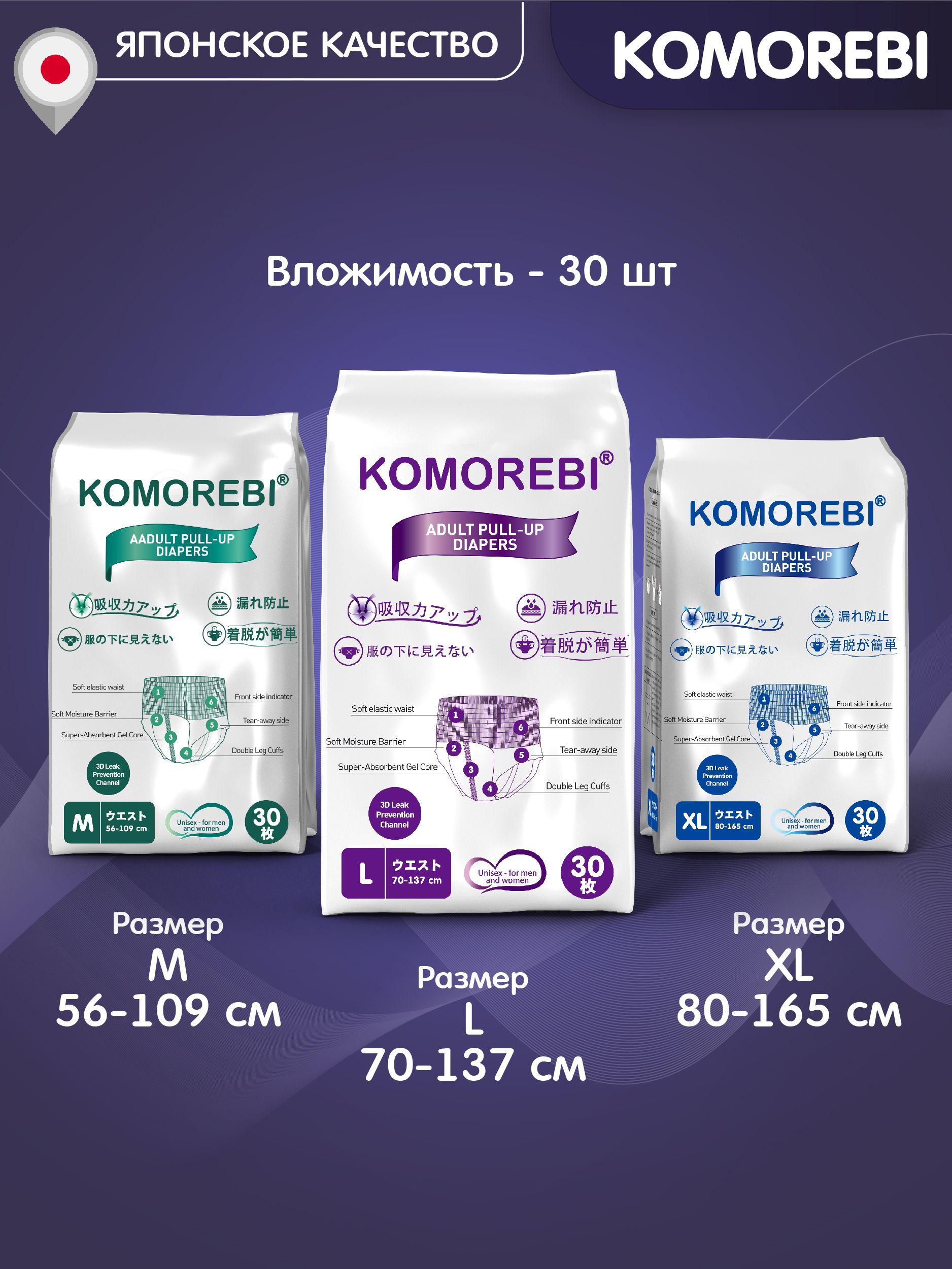 Впитывающие подгузники трусы для взрослых 5 Komorebi 30 шт XL обхват ...