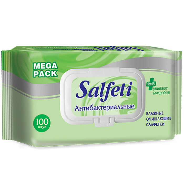 Влажные очищающие салфетки SALFETI антибактериальные с клапаном MEGA PACK, 100 шт.  #1