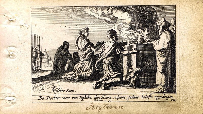 Антикварная резцовая гравюра, офорт. Ветхий Завет. Возвращение дочери Иеффая. Нидерланды, 1659 год  #1