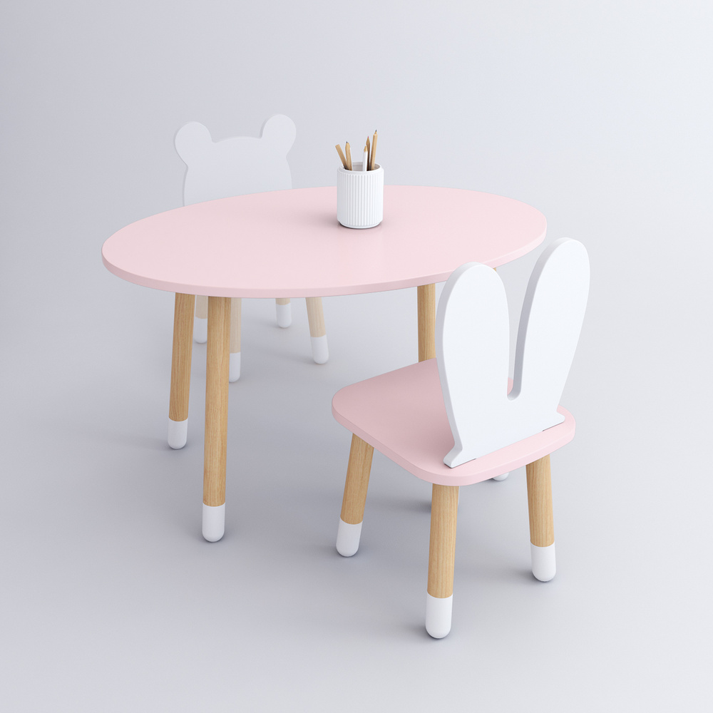 Комплект детской мебели DIMDOMkids, стол "Овал" розовый + стул "Зайка" розовый  #1