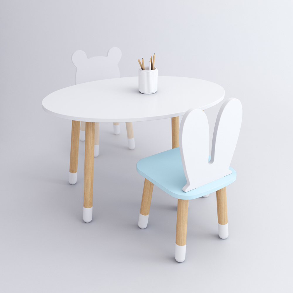 Комплект детской мебели DIMDOMkids, стол "Овал" белый + стул "Зайка" голубой  #1