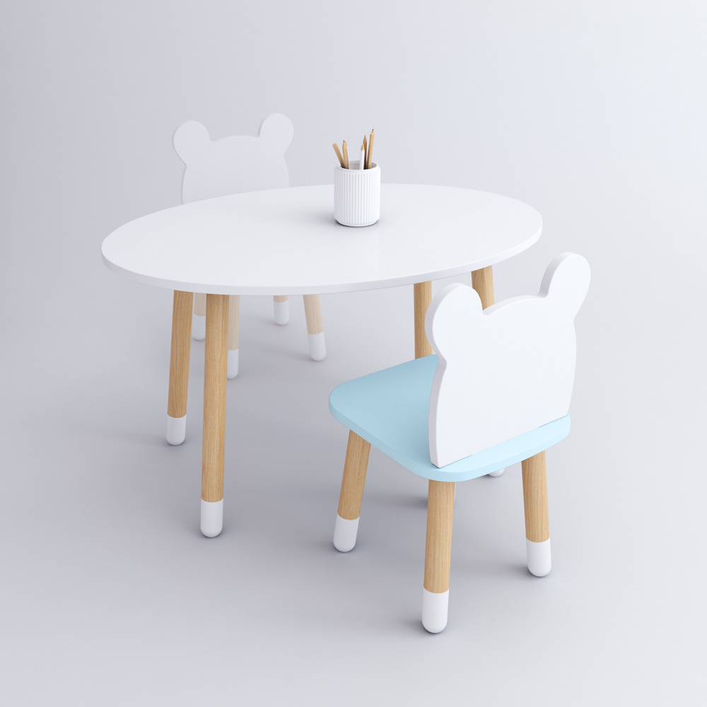 Комплект детской мебели DIMDOMkids, стол "Овал" белый + стульчик "Мишка" голубой  #1
