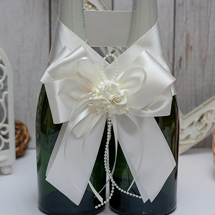 Украшение для бутылок свадебного шампанского молодоженов - декор для двух бутылок жениха и невесты "Romantic" #1