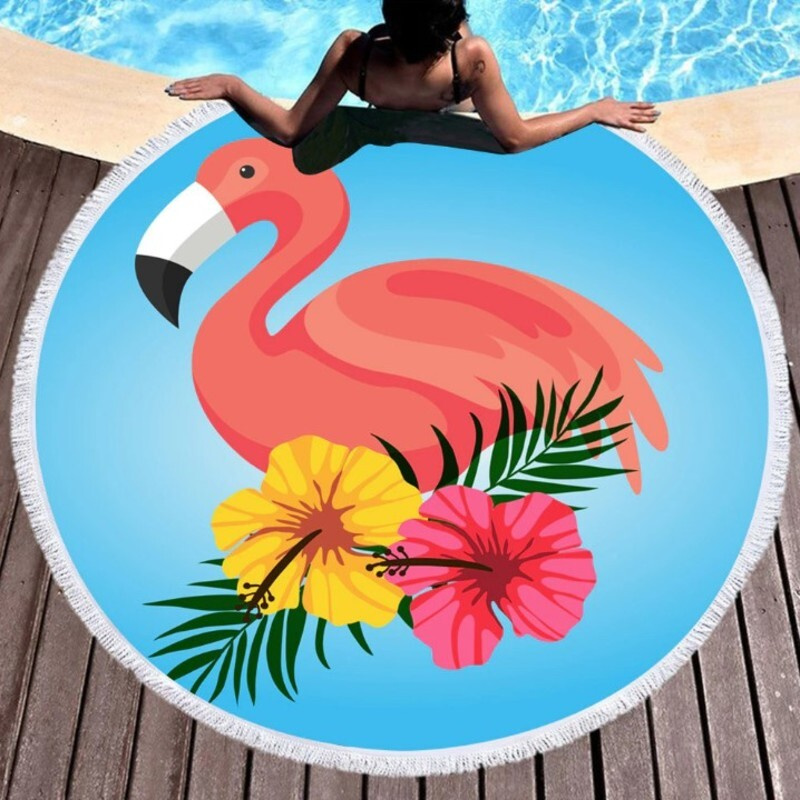 Пляжное полотенце круглое Фламинго голубое 150 см для пляжа из микрофибры  #1