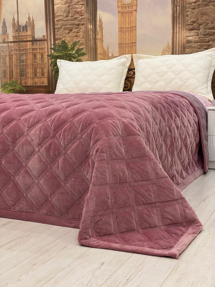 Велюровое стеганое покрывало на кровать 160х220 Square GF CALLI (Темно-розовый)  #1