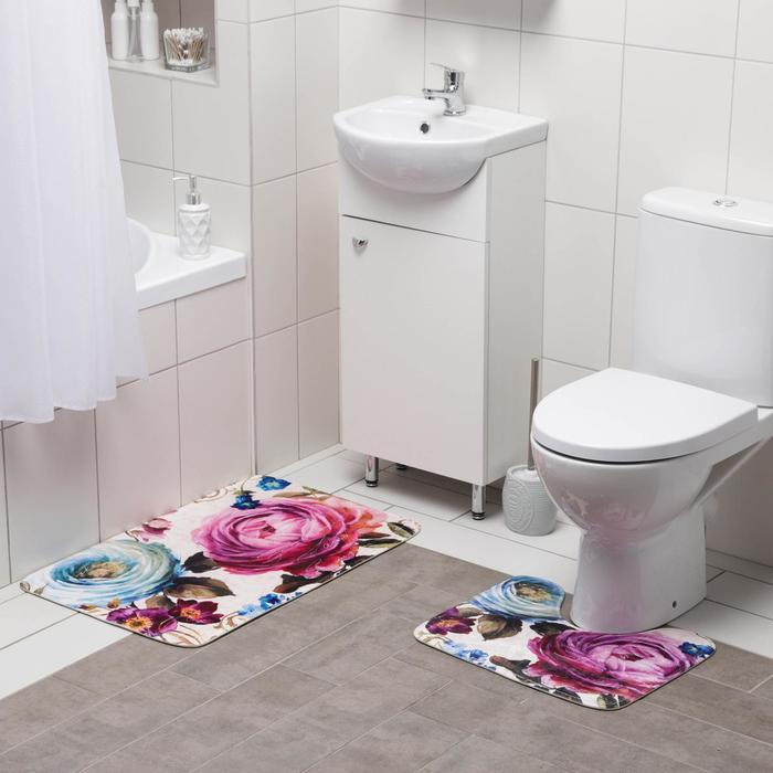Набор ковриков для ванной и туалета Доляна Пионы, 2 шт: 39 49, 50 80 см, цвет серый  #1